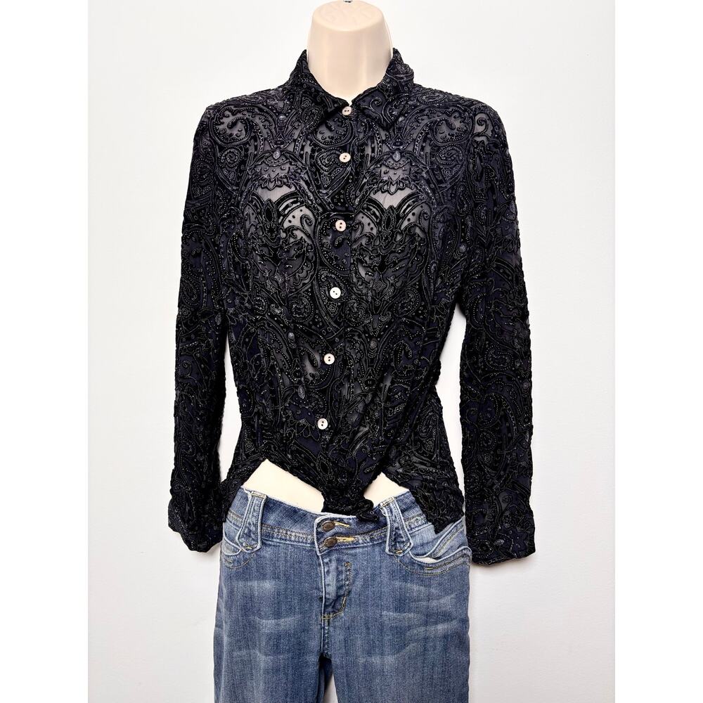 Vintage Laura Ashley Sheer Black Paisley Velvet Print Blouse